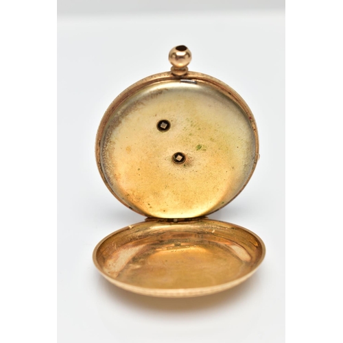 66 - A YELLOW METAL OPEN FACE POCKET WATCH, gold tone dial with floral detailing, Roman numerals, yellow ... 