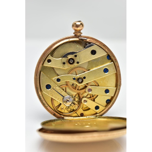 66 - A YELLOW METAL OPEN FACE POCKET WATCH, gold tone dial with floral detailing, Roman numerals, yellow ... 