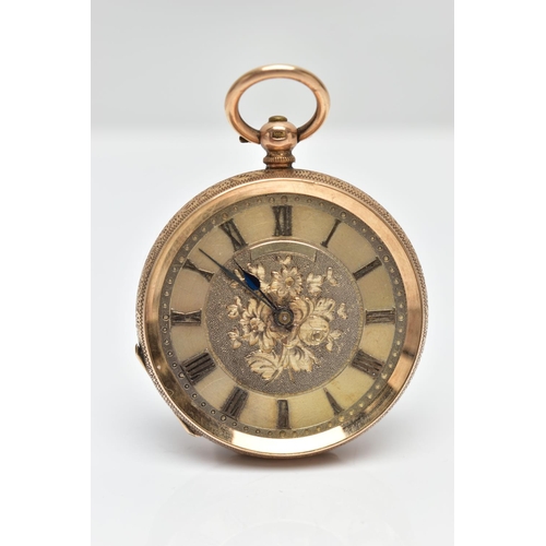 67 - A YELLOW METAL OPEN FACE POCKET WATCH, gold tone dial with floral detailing, Roman numerals, yellow ... 