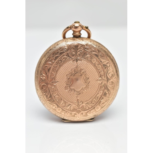 67 - A YELLOW METAL OPEN FACE POCKET WATCH, gold tone dial with floral detailing, Roman numerals, yellow ... 