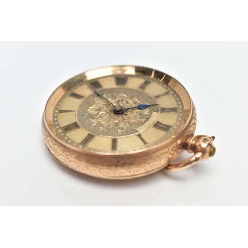 67 - A YELLOW METAL OPEN FACE POCKET WATCH, gold tone dial with floral detailing, Roman numerals, yellow ... 