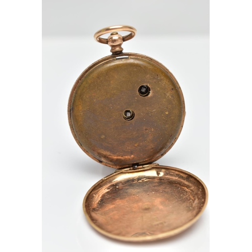 67 - A YELLOW METAL OPEN FACE POCKET WATCH, gold tone dial with floral detailing, Roman numerals, yellow ... 