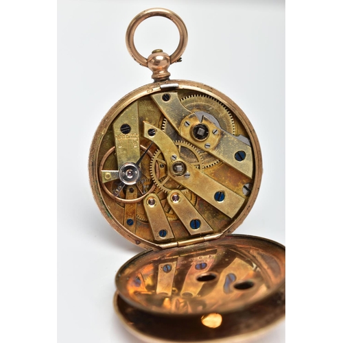 67 - A YELLOW METAL OPEN FACE POCKET WATCH, gold tone dial with floral detailing, Roman numerals, yellow ... 