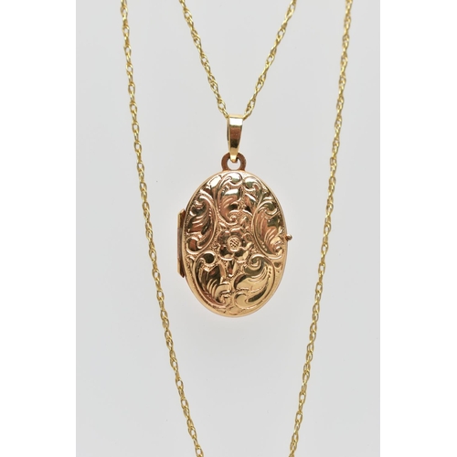 68 - A 9CT GOLD OVAL LOCKET AND CHAIN, oval floral decorated locket, opens to reveal two vacant compartme... 