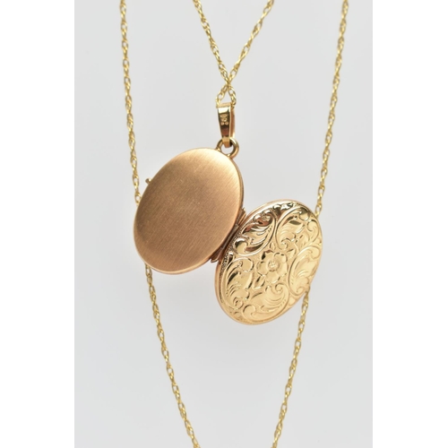 68 - A 9CT GOLD OVAL LOCKET AND CHAIN, oval floral decorated locket, opens to reveal two vacant compartme... 