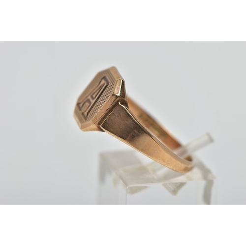 70 - A 9CT GOLD SIGNET RING, square signet with cut off corners, engine turned design with engraved initi... 