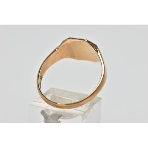 70 - A 9CT GOLD SIGNET RING, square signet with cut off corners, engine turned design with engraved initi... 