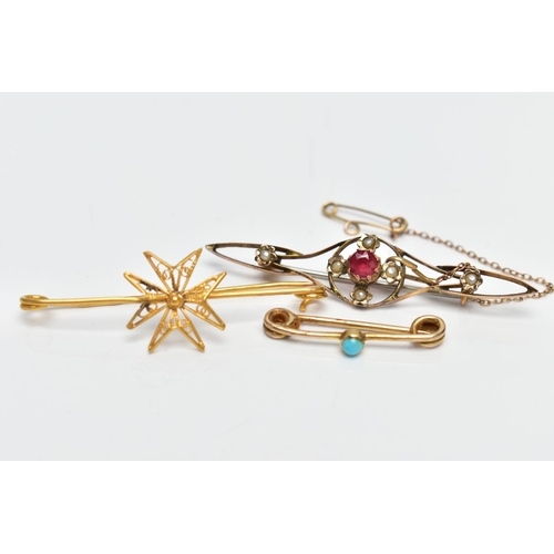 79 - THREE BROOCHES, the first a wire bar brooch with central filigree Maltese star, with foreign assay m... 