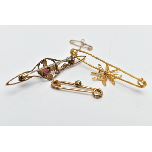 79 - THREE BROOCHES, the first a wire bar brooch with central filigree Maltese star, with foreign assay m... 