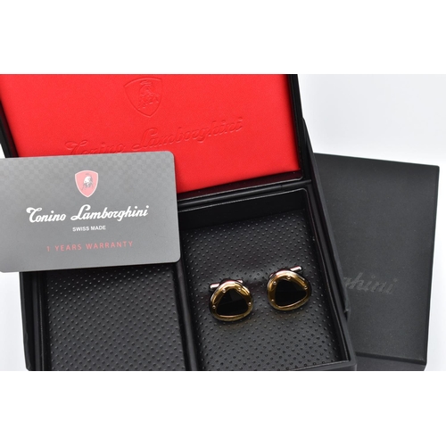 82 - A PAIR OF 'TONINO LAMBORGHINI' CUFFLINKS, rounded triangle cufflinks detailing a polished white and ... 