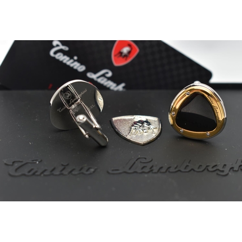 82 - A PAIR OF 'TONINO LAMBORGHINI' CUFFLINKS, rounded triangle cufflinks detailing a polished white and ... 