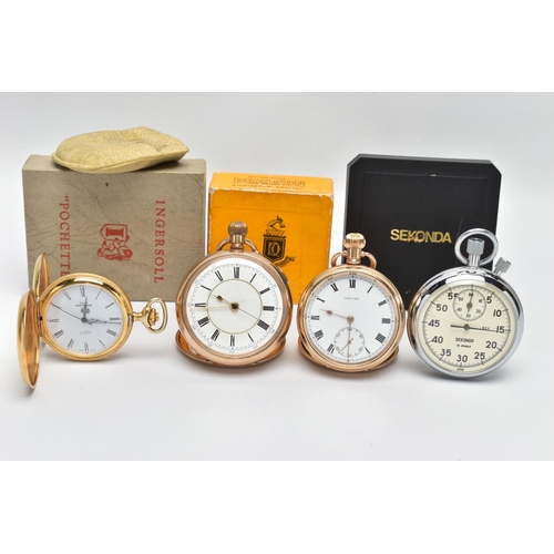 85 - THREE OPEN FACE POCKET WATCHES AND A STOP WATCH, to include a large gold filled 'Ingersoll' open fac... 