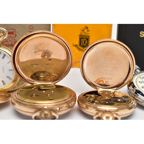 85 - THREE OPEN FACE POCKET WATCHES AND A STOP WATCH, to include a large gold filled 'Ingersoll' open fac... 