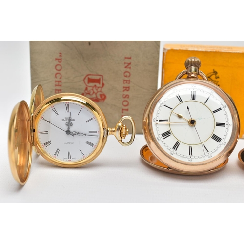 85 - THREE OPEN FACE POCKET WATCHES AND A STOP WATCH, to include a large gold filled 'Ingersoll' open fac... 