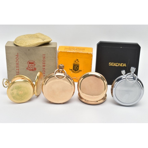 85 - THREE OPEN FACE POCKET WATCHES AND A STOP WATCH, to include a large gold filled 'Ingersoll' open fac... 