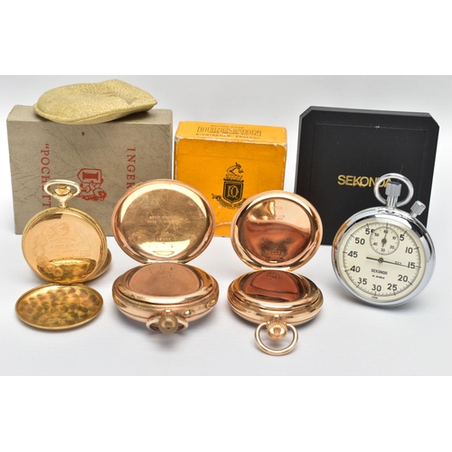 85 - THREE OPEN FACE POCKET WATCHES AND A STOP WATCH, to include a large gold filled 'Ingersoll' open fac... 