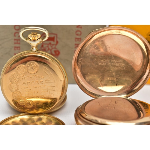 85 - THREE OPEN FACE POCKET WATCHES AND A STOP WATCH, to include a large gold filled 'Ingersoll' open fac... 