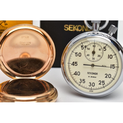 85 - THREE OPEN FACE POCKET WATCHES AND A STOP WATCH, to include a large gold filled 'Ingersoll' open fac... 