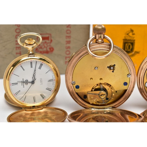 85 - THREE OPEN FACE POCKET WATCHES AND A STOP WATCH, to include a large gold filled 'Ingersoll' open fac... 