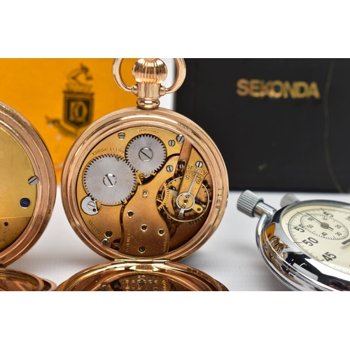 85 - THREE OPEN FACE POCKET WATCHES AND A STOP WATCH, to include a large gold filled 'Ingersoll' open fac... 