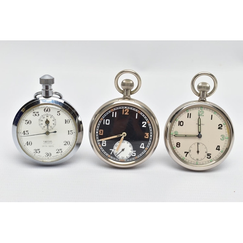 86 - TWO MILITARY POCKET WATCHES AND A STOP WATCH, the first a keyless wind, open face pocket watch, roun... 