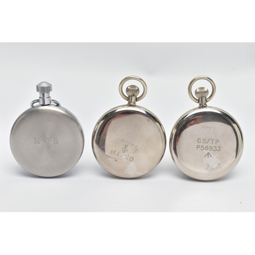 86 - TWO MILITARY POCKET WATCHES AND A STOP WATCH, the first a keyless wind, open face pocket watch, roun... 