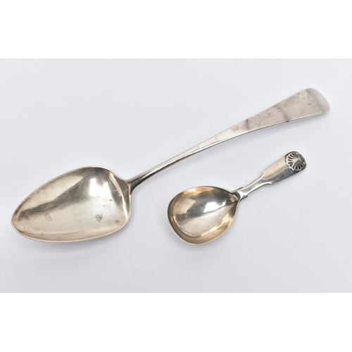 87 - A GEORGE III SILVER SERVING SPOON AND AN EARLY VICTORIAN SILVER CADDY SPOON, the serving spoon hallm... 