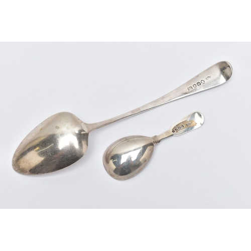 87 - A GEORGE III SILVER SERVING SPOON AND AN EARLY VICTORIAN SILVER CADDY SPOON, the serving spoon hallm... 