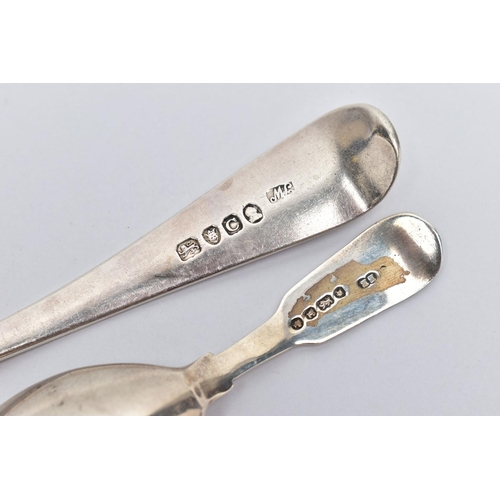 87 - A GEORGE III SILVER SERVING SPOON AND AN EARLY VICTORIAN SILVER CADDY SPOON, the serving spoon hallm... 