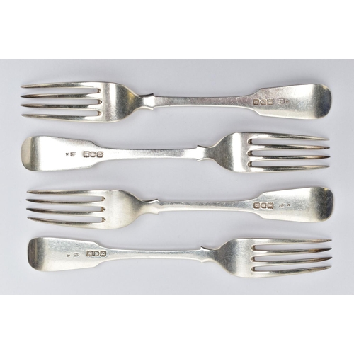 89 - FOUR LATE VICTORIAN SILVER FORKS, Hanoverian fiddle pattern with engraved initials to the terminal, ... 