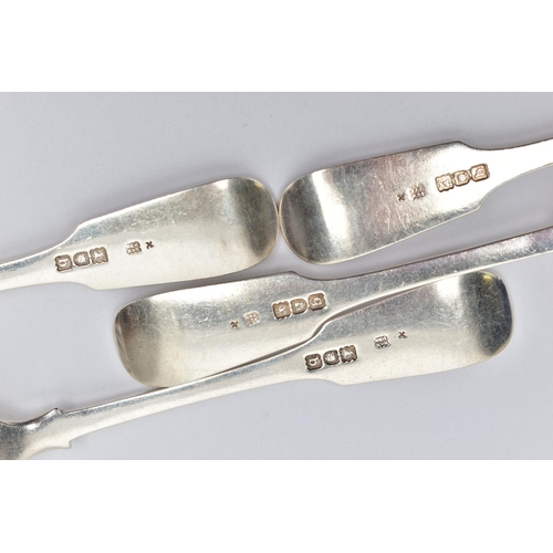 89 - FOUR LATE VICTORIAN SILVER FORKS, Hanoverian fiddle pattern with engraved initials to the terminal, ... 