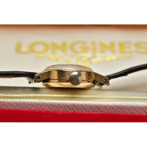 9 - A LADIES 9CT GOLD 'LONGINES' WRISTWATCH, hand wound movement, round champagne dial, signed 'Longines... 