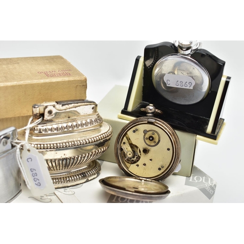 98 - A SELECTION OF POCKET WATCHES AND LIGHTERS, to include a silver 'G.AA Ronson' open face pocket watch... 