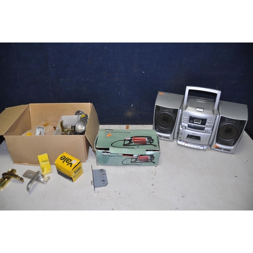 1274 - A HITACHI CX310 mini hi-fi (UNTESTED) along with a box of Yale and other locks and door handles and ... 