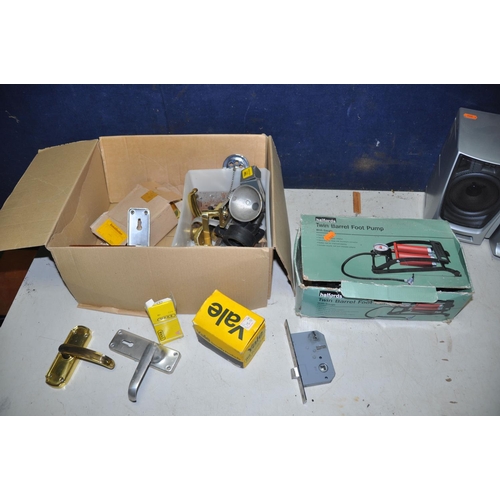 1274 - A HITACHI CX310 mini hi-fi (UNTESTED) along with a box of Yale and other locks and door handles and ... 