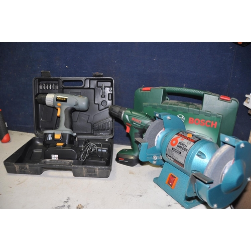 1277 - A CLARKE CBG6RZ BENCH GRINDER along with a Bosch PSR14-4LI cordless drill/driver with battery and ch... 