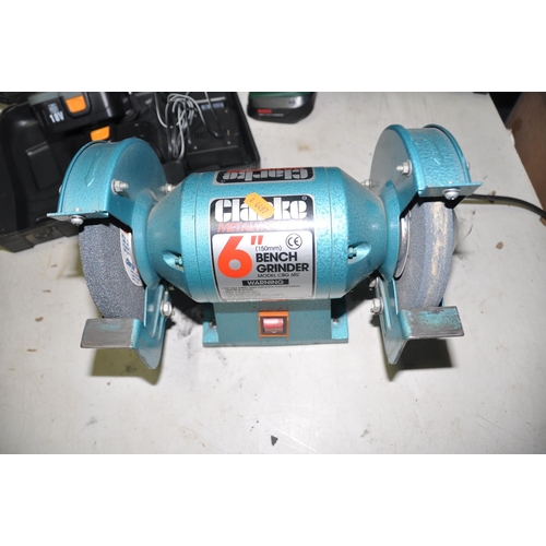 1277 - A CLARKE CBG6RZ BENCH GRINDER along with a Bosch PSR14-4LI cordless drill/driver with battery and ch... 