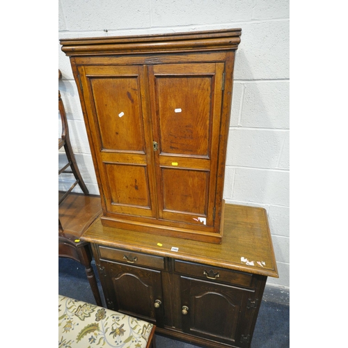 1585 - AN OAK TWO DOOR CUPBOARD WITH A SINGLE DRAWER, width 96cm x depth 46cm x height 84cm, a small two do... 