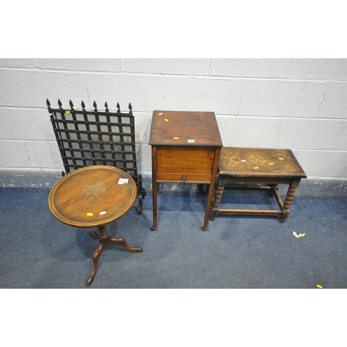 1586 - A 20TH CENTURY WALNUT SEWING BOX, with hinged lid and a single drawer, an oak bobbin turned stool, a... 