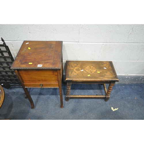 1586 - A 20TH CENTURY WALNUT SEWING BOX, with hinged lid and a single drawer, an oak bobbin turned stool, a... 