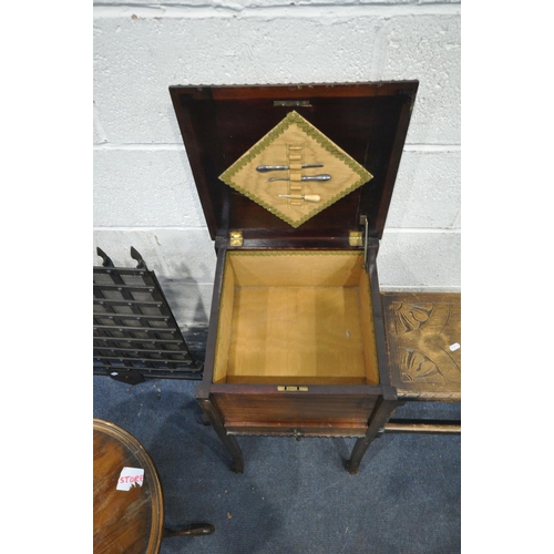 1586 - A 20TH CENTURY WALNUT SEWING BOX, with hinged lid and a single drawer, an oak bobbin turned stool, a... 