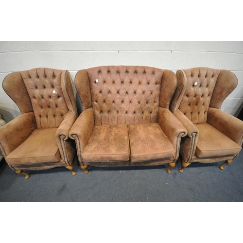 1594 - A FAUX LEATHER THREE PIECE LOUNCE SUITE, comprising a two seater sofa, and a pair of armchairs (cond... 