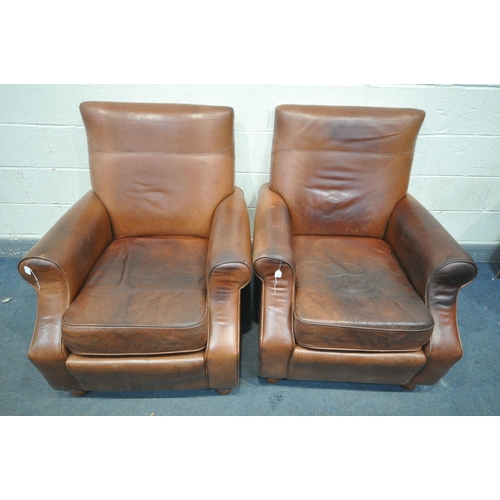 1595 - A PAIR OF BROWN LEATHER ARMCHAIRS, width 86cm (stained leather to both chairs)