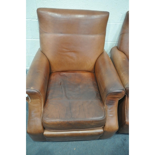 1595 - A PAIR OF BROWN LEATHER ARMCHAIRS, width 86cm (stained leather to both chairs)