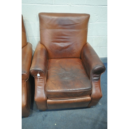 1595 - A PAIR OF BROWN LEATHER ARMCHAIRS, width 86cm (stained leather to both chairs)