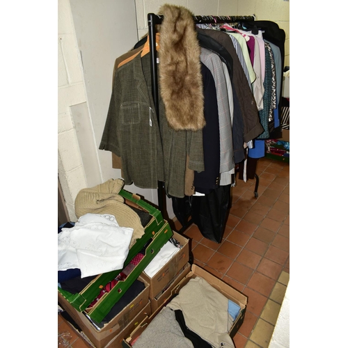 392 - SEVEN BOXES AND LOOSE LADIES' AND SOME MEN'S CLOTHING, to include coats, jackets, knitwear, blouses,... 