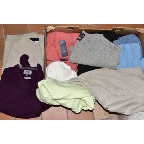 392 - SEVEN BOXES AND LOOSE LADIES' AND SOME MEN'S CLOTHING, to include coats, jackets, knitwear, blouses,... 