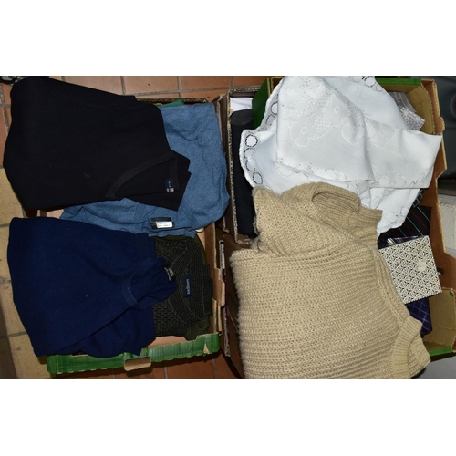 392 - SEVEN BOXES AND LOOSE LADIES' AND SOME MEN'S CLOTHING, to include coats, jackets, knitwear, blouses,... 