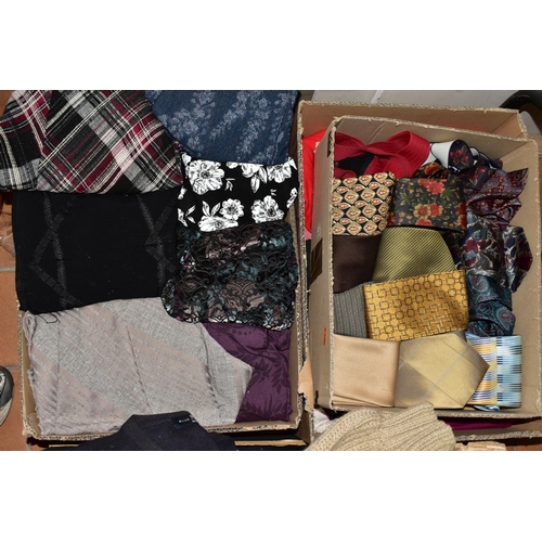 392 - SEVEN BOXES AND LOOSE LADIES' AND SOME MEN'S CLOTHING, to include coats, jackets, knitwear, blouses,... 