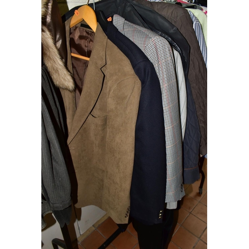 392 - SEVEN BOXES AND LOOSE LADIES' AND SOME MEN'S CLOTHING, to include coats, jackets, knitwear, blouses,... 